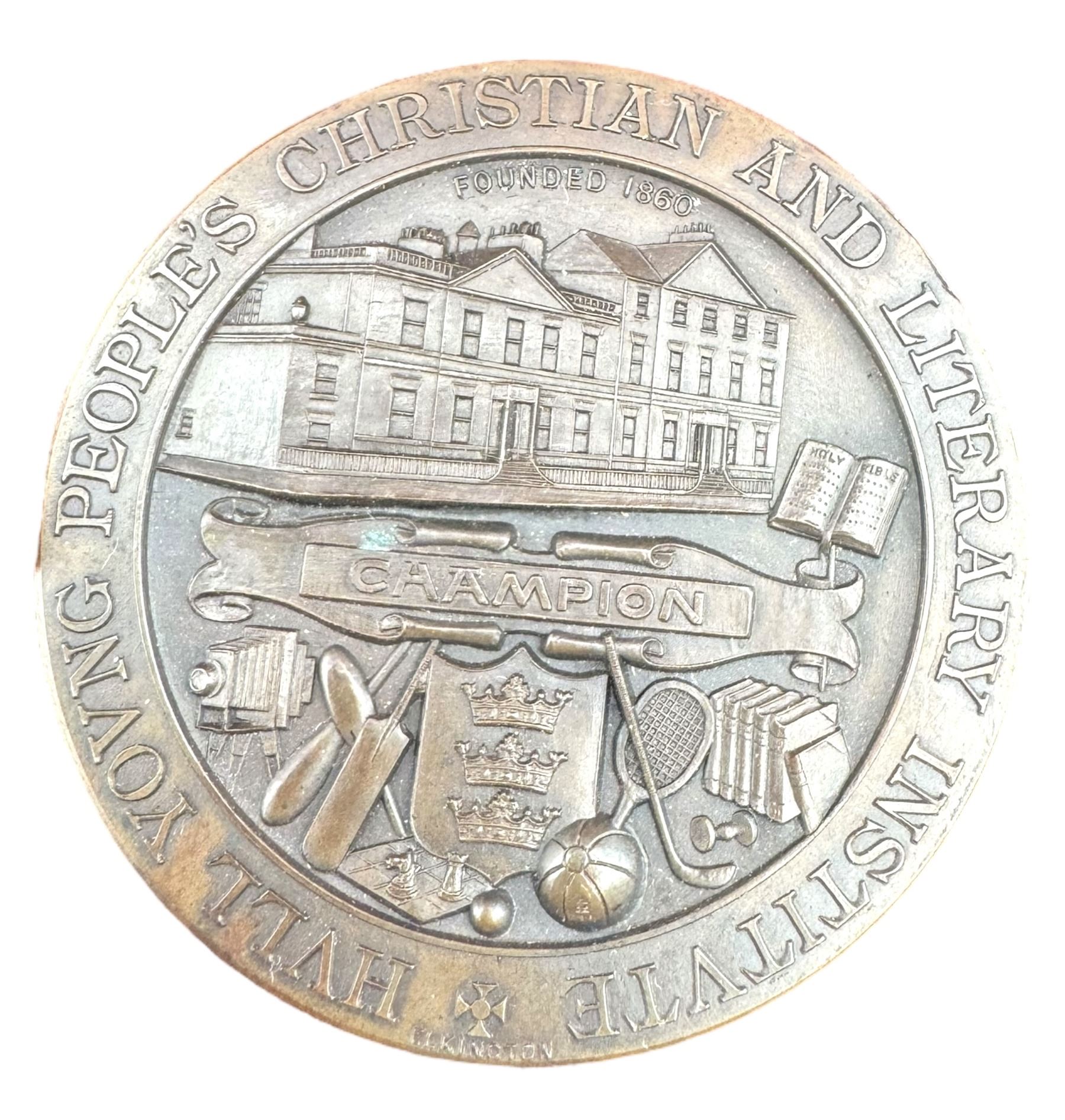 Silver perfect attendance medal for Hull Education Committee, bronze medallion for Hull Young Peoples Christian and Literary Institute and a guild of building medallion, all cased
