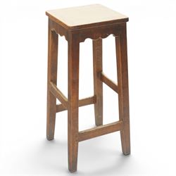 Mouseman - circa 1940/50's oak bar stool, dished square top with shaped apron, raised on four tapering square legs, joined by rails, with carved mouse signature, by Robert Thompson of Kilburn, initialled with provenance from the Old Hall, Thornton-le-Dale, North Yorkshire, further info to follow