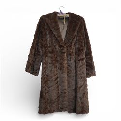 Mink coat, 1970s lamb fur trimmed coat, suede coat and Tom Bawker cream coat, and two pairs of ladies shoes approx size 8 (6)