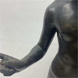 Bronzed classical nude male figure, upon a stepped circular base, H61cm 