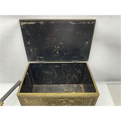 Pair of brass and iron fire dogs, together with brass coal box embossed to the lid with figures and a brass magazine rack, coal box H32cm
