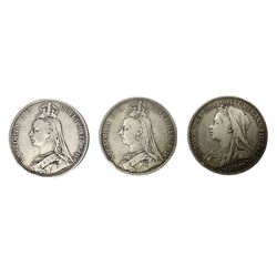 Three Queen Victoria silver crown coins dated 1889, 1892 and 1894