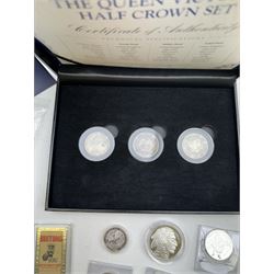 Mostly Commemorative coins and sets, including 'The Queen Victoria Half Crown Set' comprising 1886, 1887 and 1900 half crowns, The Royal Mint United Kingdom 2016 and 2017 twenty pound fine silver coins on cards,  Queen Elizabeth II 2018 'Beatrix Potter' fifty pence coins, Isle of Man 2018 'H.M. The Queen's Coronation 65th Anniversary' fifty pence coin collection, two Australia one ounce fine silver one dollar rectangular coins dated 2018, 2019 etc, housed in two hard shell coin cases and loose