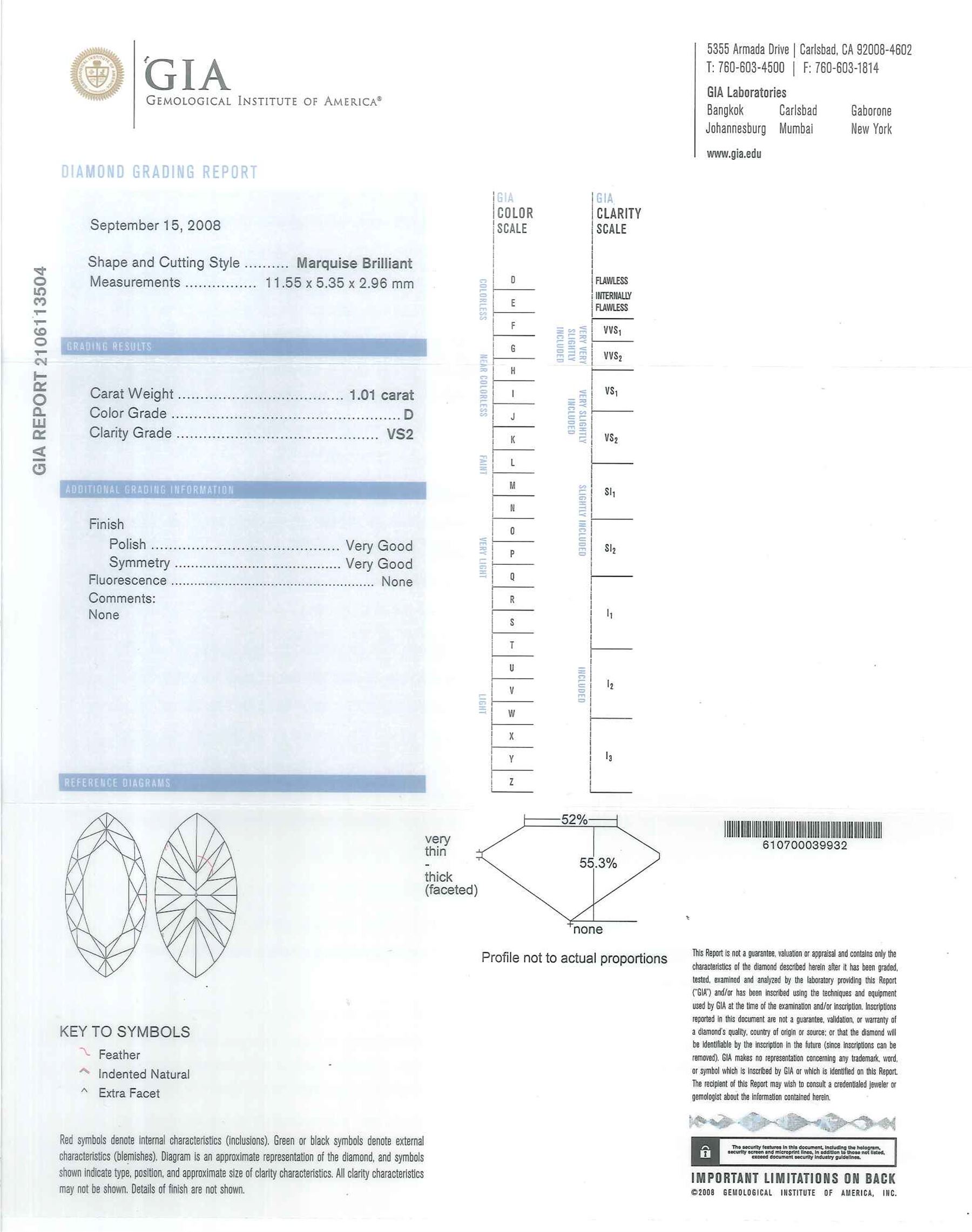 Platinum diamond ring, four claw set with a single marquise cut diamond of 1.01 carat, London 2014, with GIA report