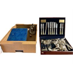 Pair of blue and white table lamps, together with plant pot in the form of a shell, flatware and other collectables