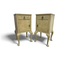 Pair of mid-20th century cream painted bedside cabinets, rectangular top over single drawer and cupboard, on cabriole supports