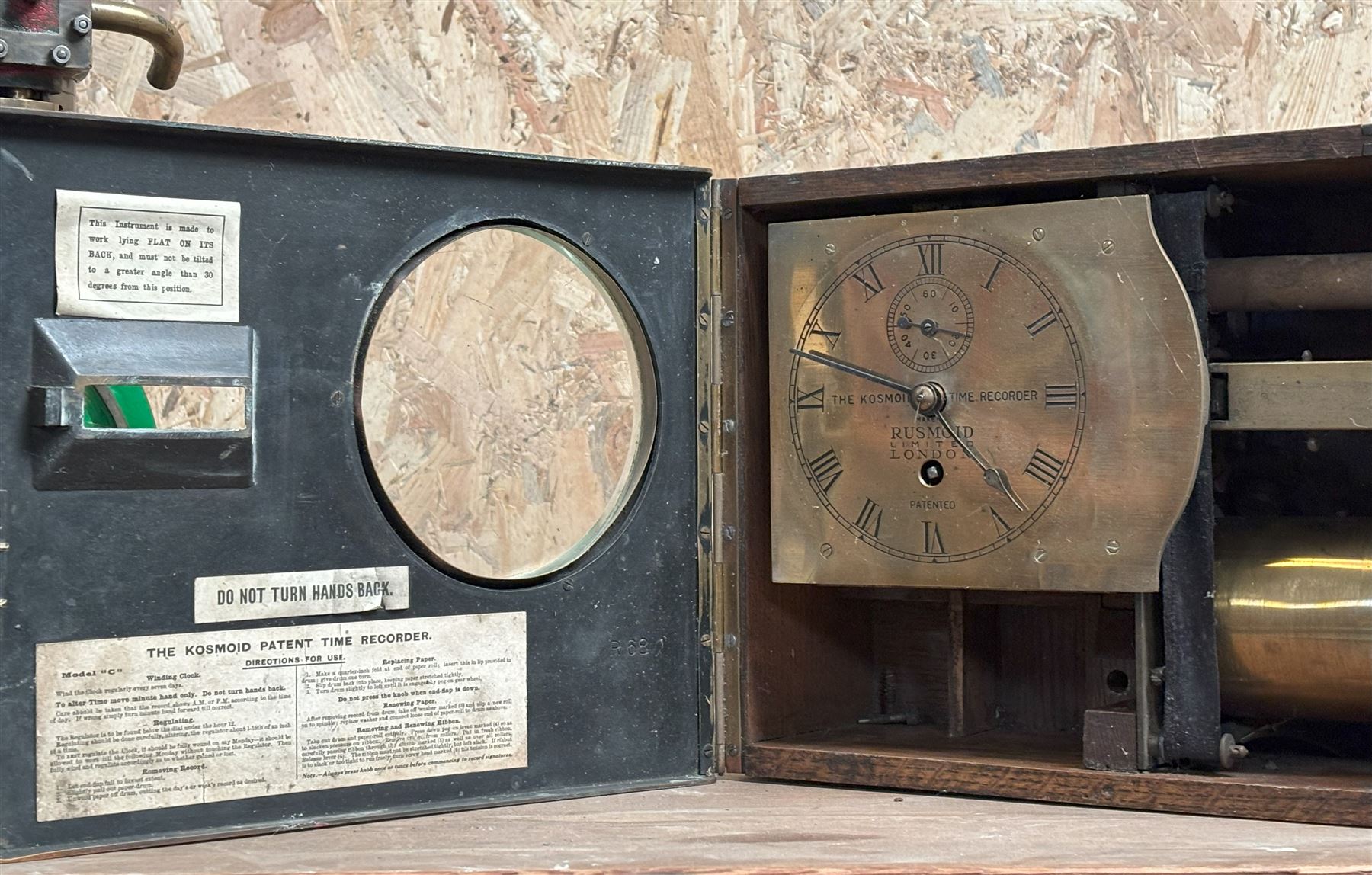 Kosmoid Time recorder, early 20th century, model 'c' table time recorder by Rusmoid Ltd, London, brass dial with subsidiary seconds hand, single fusee movement, in an oak and brass case. W22cm, H13cm, D26cm. - COLLECTION BY APPOINTMENT FROM: The White House, Thirsk Road, Easingwold, York, YO61 3NF - CALL 01723 507111 TO ARRANGE