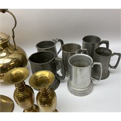 Set of three hanging copper graduating spirit measures with brass plaques and a similar brass set of three measures,  brass engraved spirit kettle with stand, other brass kettles etc, pewter tankards to include Sheffield and Cornish examples etc
