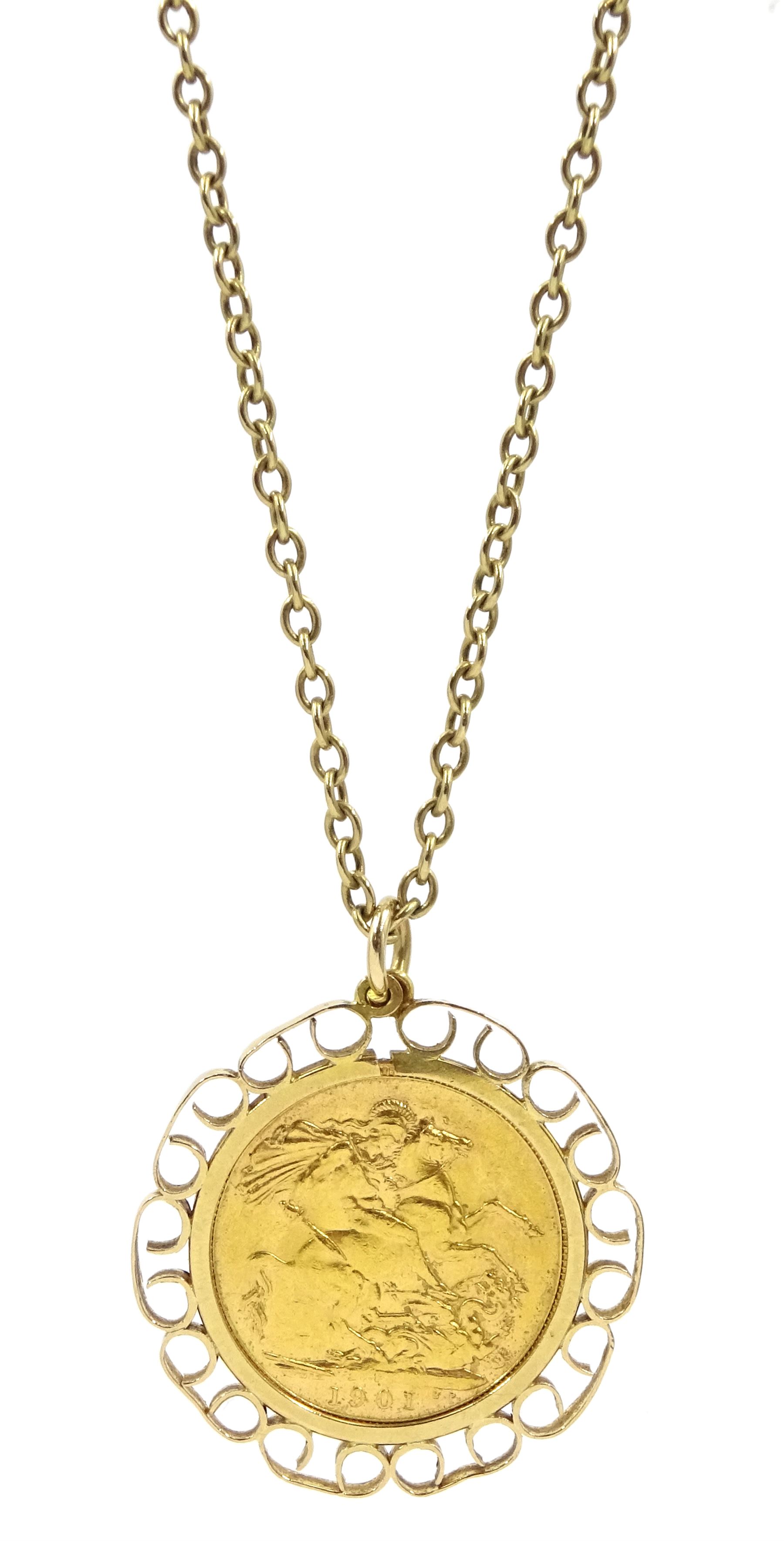 Queen Victoria 1901 gold full sovereign, Perth mint mark, loose mounted in gold pendant on gold chain, both 9ct