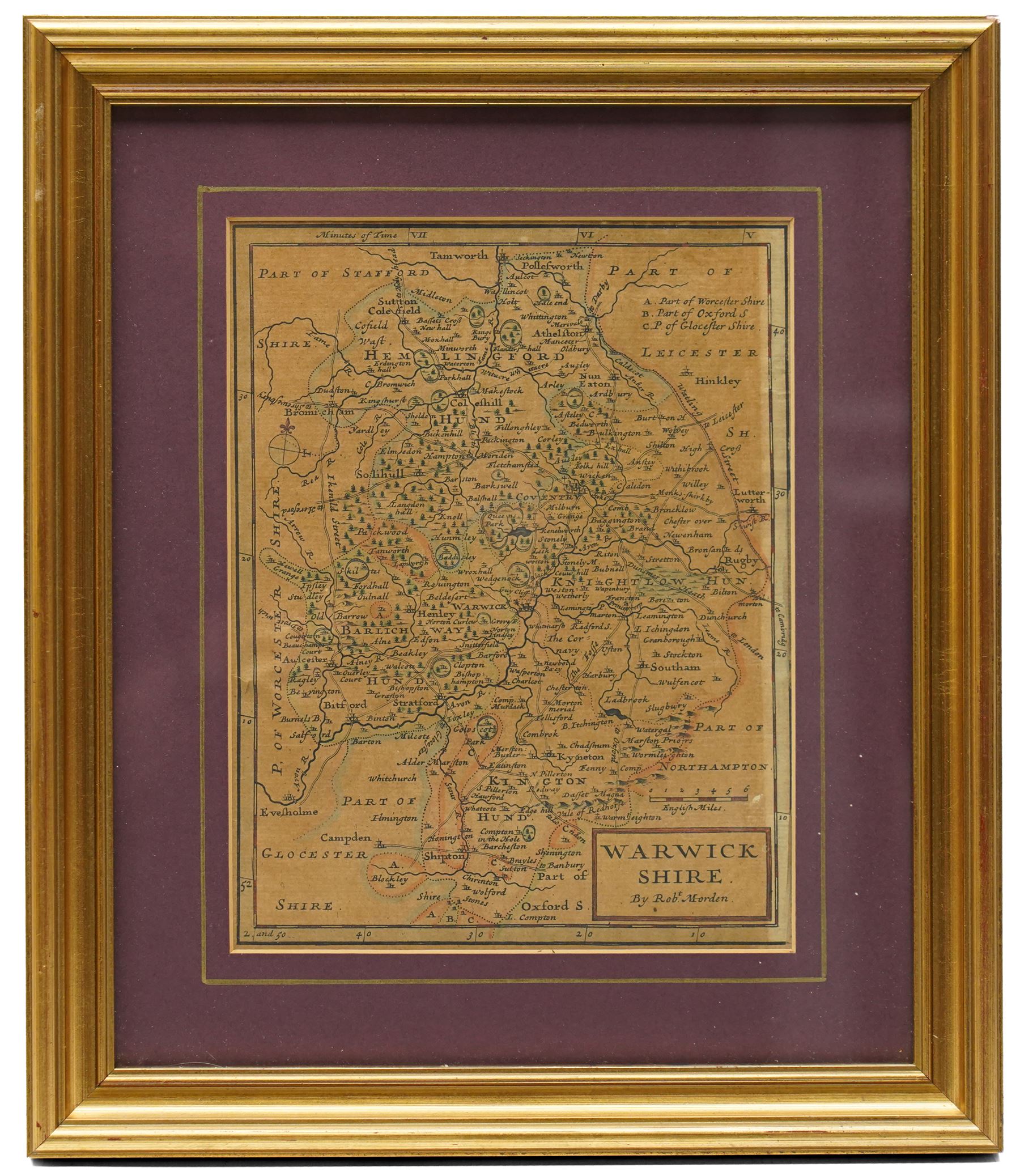 Robert Morden (British c.1650-1703): 'Britannia Saxonica' and  'Warwickshire', two 17th/18th century engraved maps with hand-colouring max 38cm x 31cm (2)