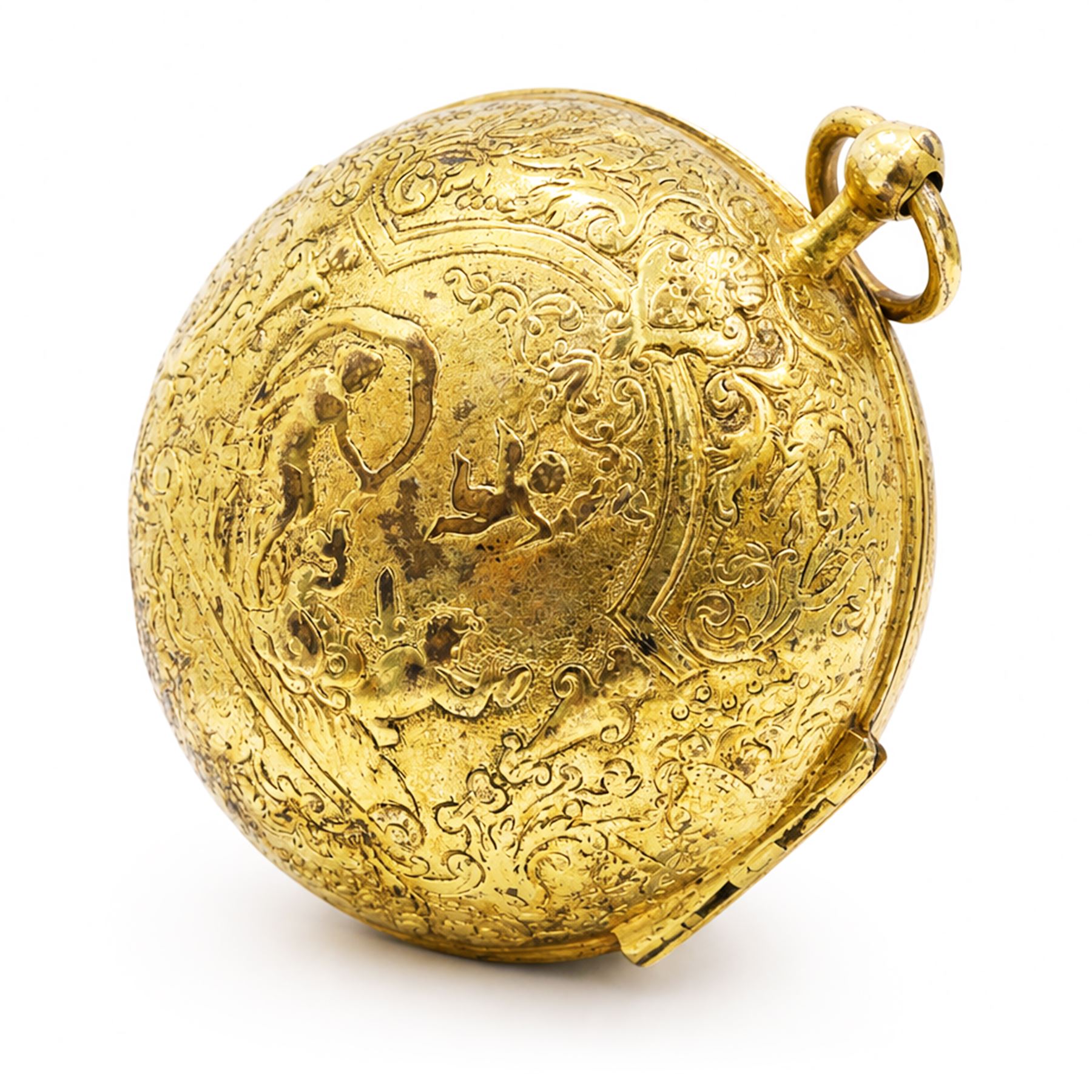 18th century French open face gilt verge fusee pocket watch by Jacques Panier, Paris, Egyptian pillars and pierced balance cock, embossed gilt dial with enamelled Roman numerals cartouches and inner enamel quarter hour track ring, the repousse back case decorated with angels in a classical setting