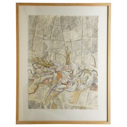 Ann (Anderson) Seabourne (British 20th century): 'Still Life With Eggshells', pastel with mixed media attributed and titled on label verso 77cm x 57cm