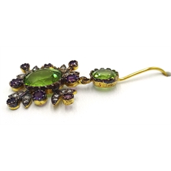  Pair of peridot, amethyst and diamond gold and silver-gilt ear-rings    