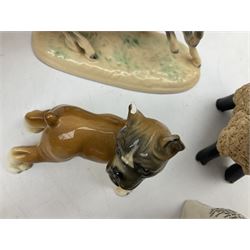 Three West German figures of Boxer dogs, Coopercraft figure of a dalmatian, Crested ware owl, West German horse figure group, Basil Matthews studio fox figure, Wade and other ceramic and composite  animal figures