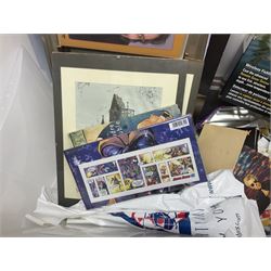 Large quantity of miscellaneous collectables to include metal sign engraved ‘West Yorkshire Fire Service Knottingley’, stamps, posters and further ephemeral items etc, together with a framed Batman print, Queen canvas print, and a limited edition f/g cityscape print, in two boxes