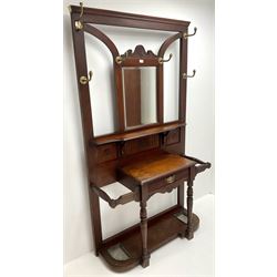 Victorian mahogany hall stand, raised bevel edge mirror back, single drawer, solid undertier joined by turned supports