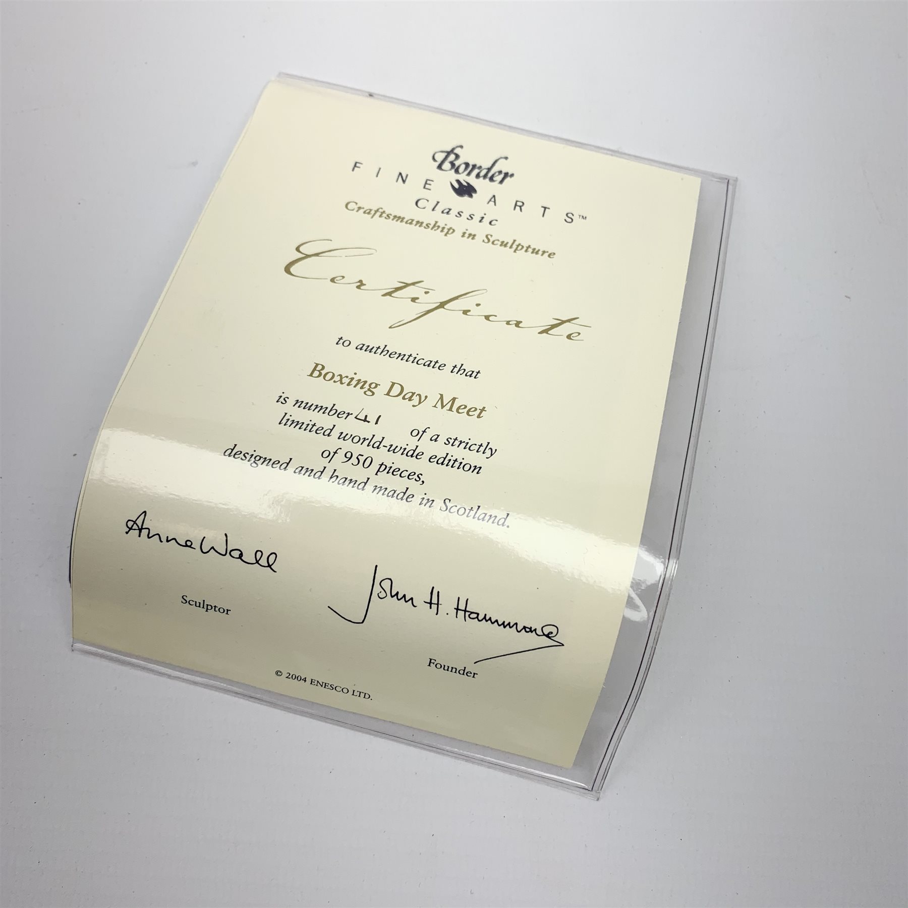 A limited edition Border Fine Arts figure group, Boxing Day Meet, Grey, model no B0876A by Anne Wall, 41/950, on wooden base, figure L33cm, with accompanying certificate. 