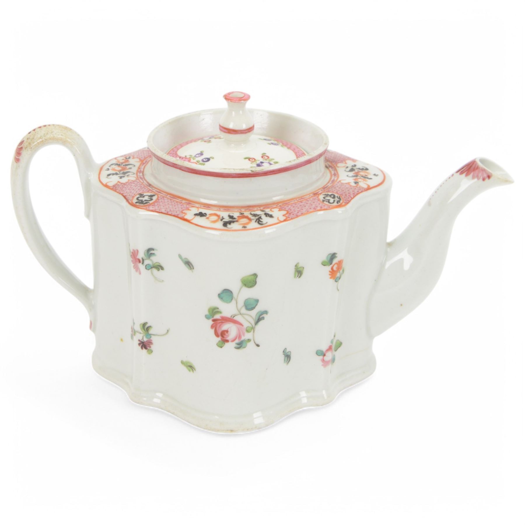 19th century Newhall silver shape teapot and cover, together with helmet jug, tea bowl and saucer all in pattern 311, teapot H16cm