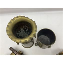 Trench Art - WWI 0-8-0 steam locomotive made from brass, copper and late Victorian pennies and half-pennies L17.5cm; WWI brass and copper tank candleholder; WWI brass shell case two-handled vase inscribed 'RFA France 1914-17'; and an unrelated brass plant holder (4)