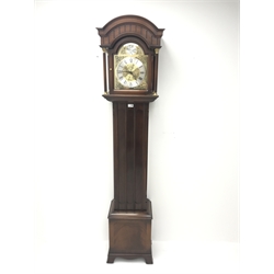  20th century mahogany longcase clock, arched brass dial, brass weight driven, H196cm  