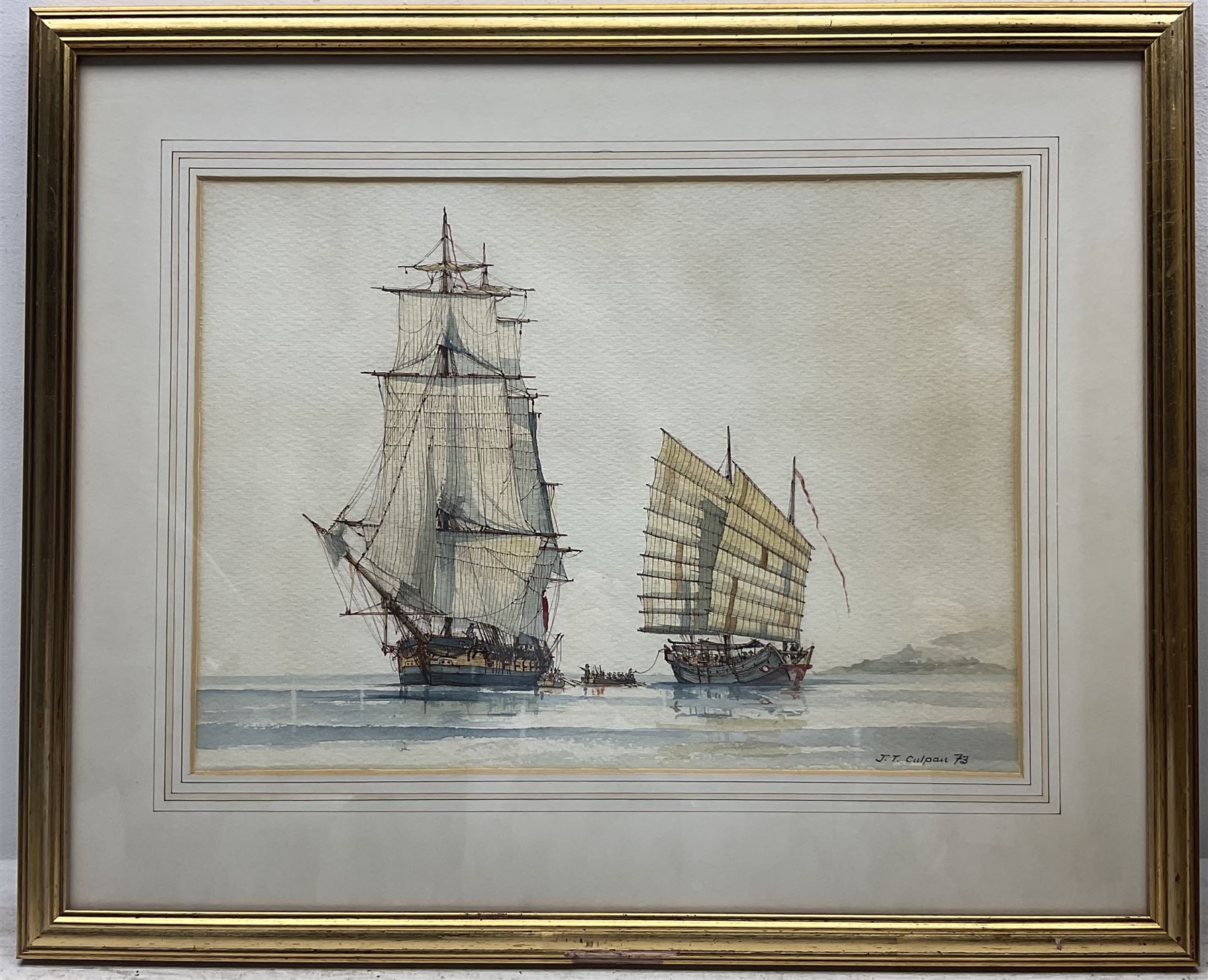 J Terry Culpan (British 20th century): 'Searching for Pirates' and 'Frigate Heaving to Meet Supply Ship', pair watercolours signed, titled verso 26cm x 37cm (2)