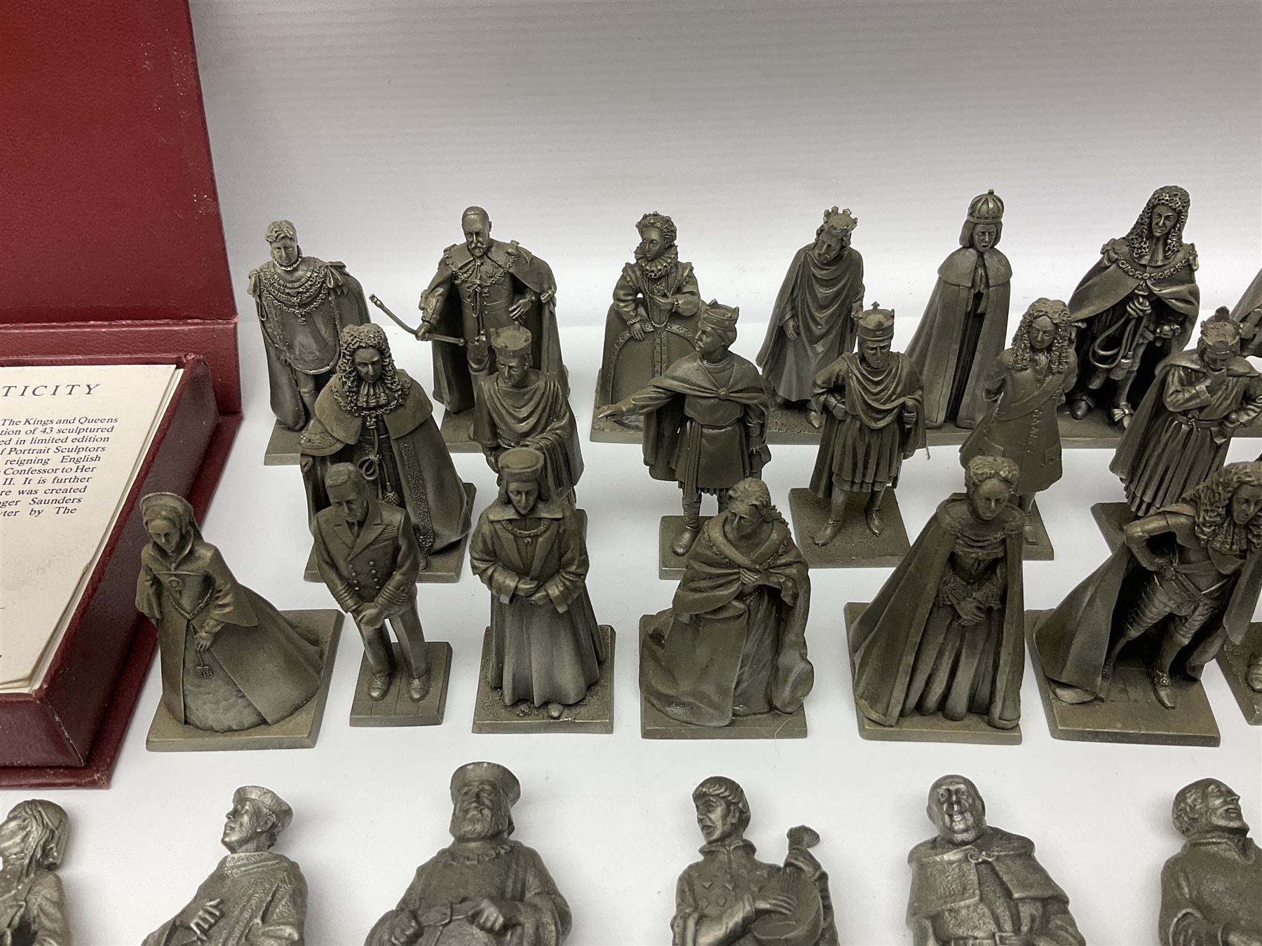 Set of forty three miniature Franklin Mint pewter figures of the Kings and Queens of England, with certificate of authenticity and information cards, together with a collection of twenty four Franklin Mint pewter Charles Dickens character spoons