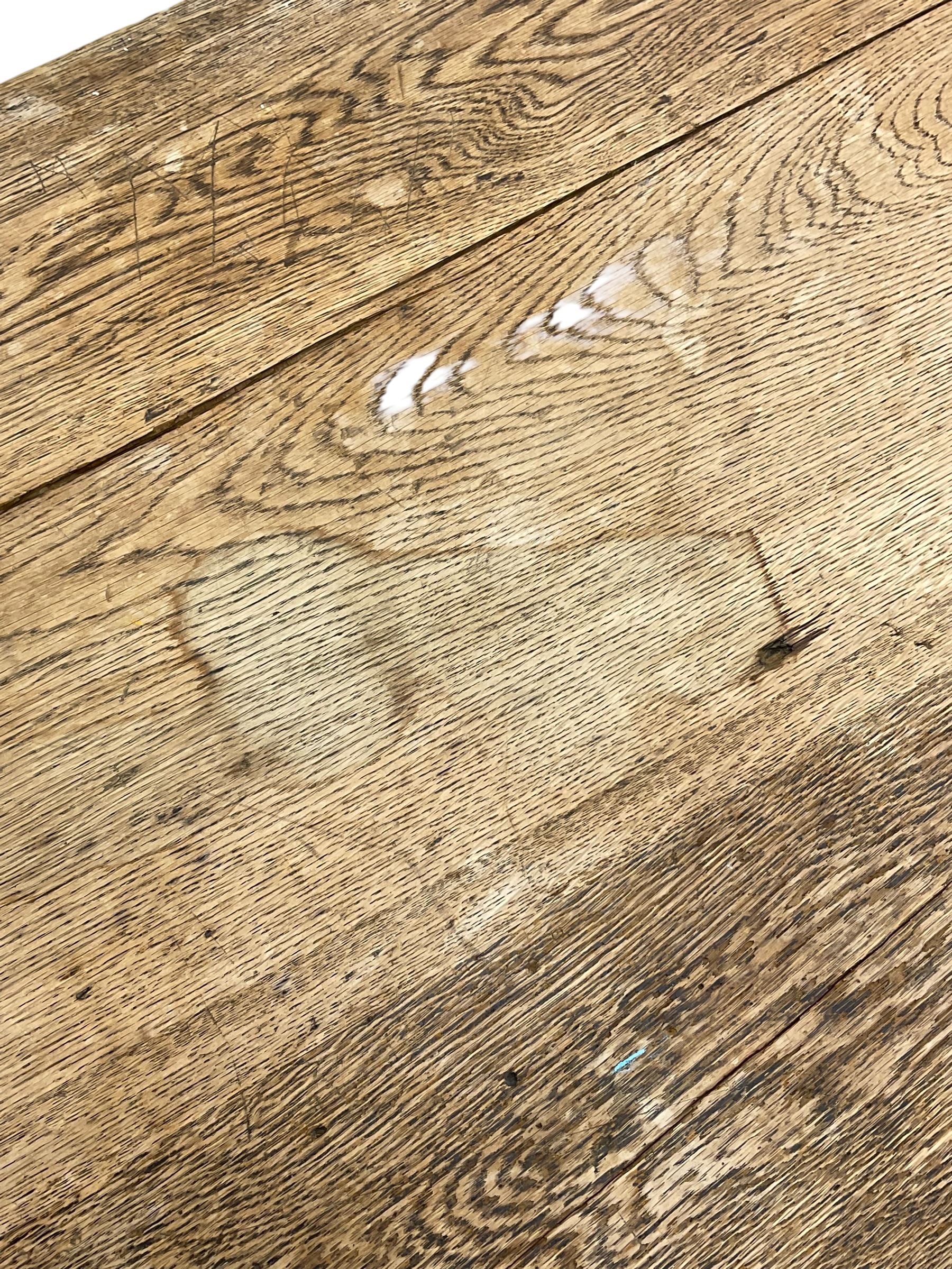 20th century oak refectory dining table, rectangular three plank top, on chamfered square supports 