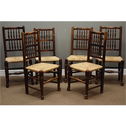  Harlequin set six 19th century country elm spindle back dining chairs with rush seats  