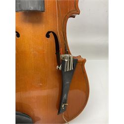 Four student violins - two Chinese three-quarter size with 33.5cm and 34cm two-piece backs; Stringers of Edinburgh quarter size with 28cm two-piece back; and Stentor quarter size with 28cm two-piece back; each in carrying case (4)