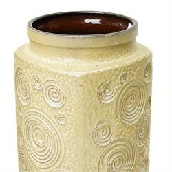 Large West German square section mid-century vase decorated in cream with roundels H49cm and two cylindrical West German vases (3)