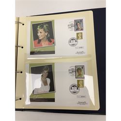 Stamp and coin covers, including 2006 'Her Majesty Queen Elizabeth II 80th Birthday' containing five pounds coin, first day covers relating to Diana Princess of Wales etc, housed in a ring binder folder