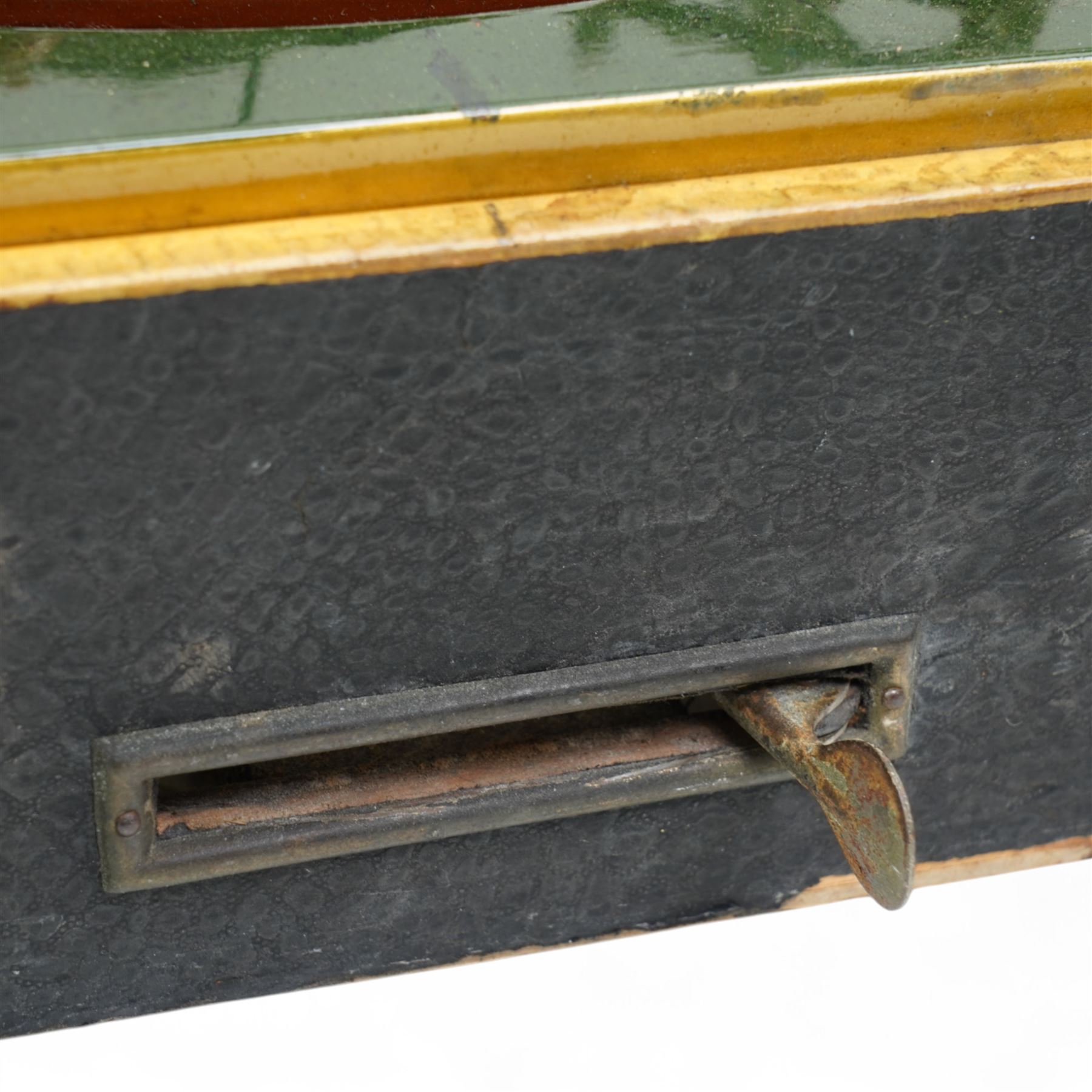 Marklin tin plate lever operated horse racing game with nine numbered horses slotted into tinplate track, wooden box with lift off lid 36cm square