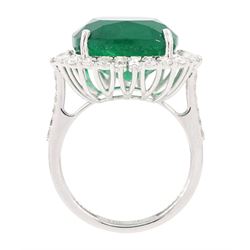 18ct white gold emerald and diamond cluster ring, single cushion cut emerald of approx 13.20 carat, with round brilliant cut and baguette cut diamond surround and shoulders, stamped, total diamond weight approx 0.80 carat