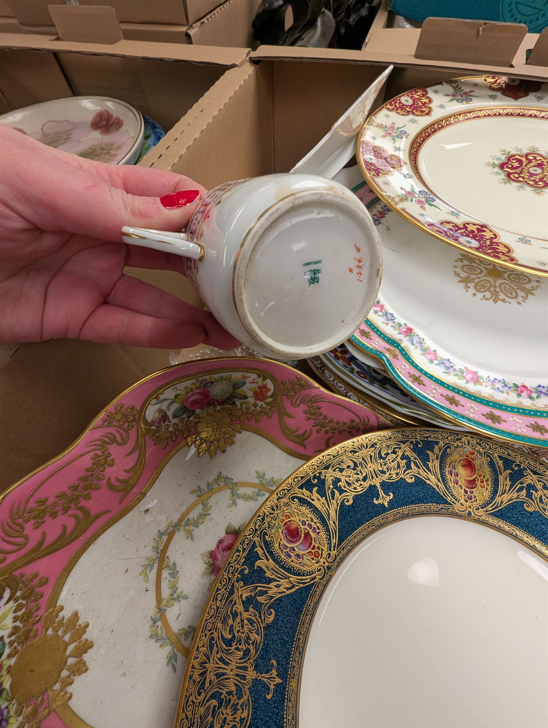 19th century and later ceramics, including cabinet plates, together with Continental vases, Copeland cups and other ceramics, in three boxes