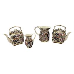 Group of Mason's Ironstone 'Penang' pattern ceramics, comprising pair of tea kettles, Fenton jug and another smaller jug, tallest H14.5cm, with boxes