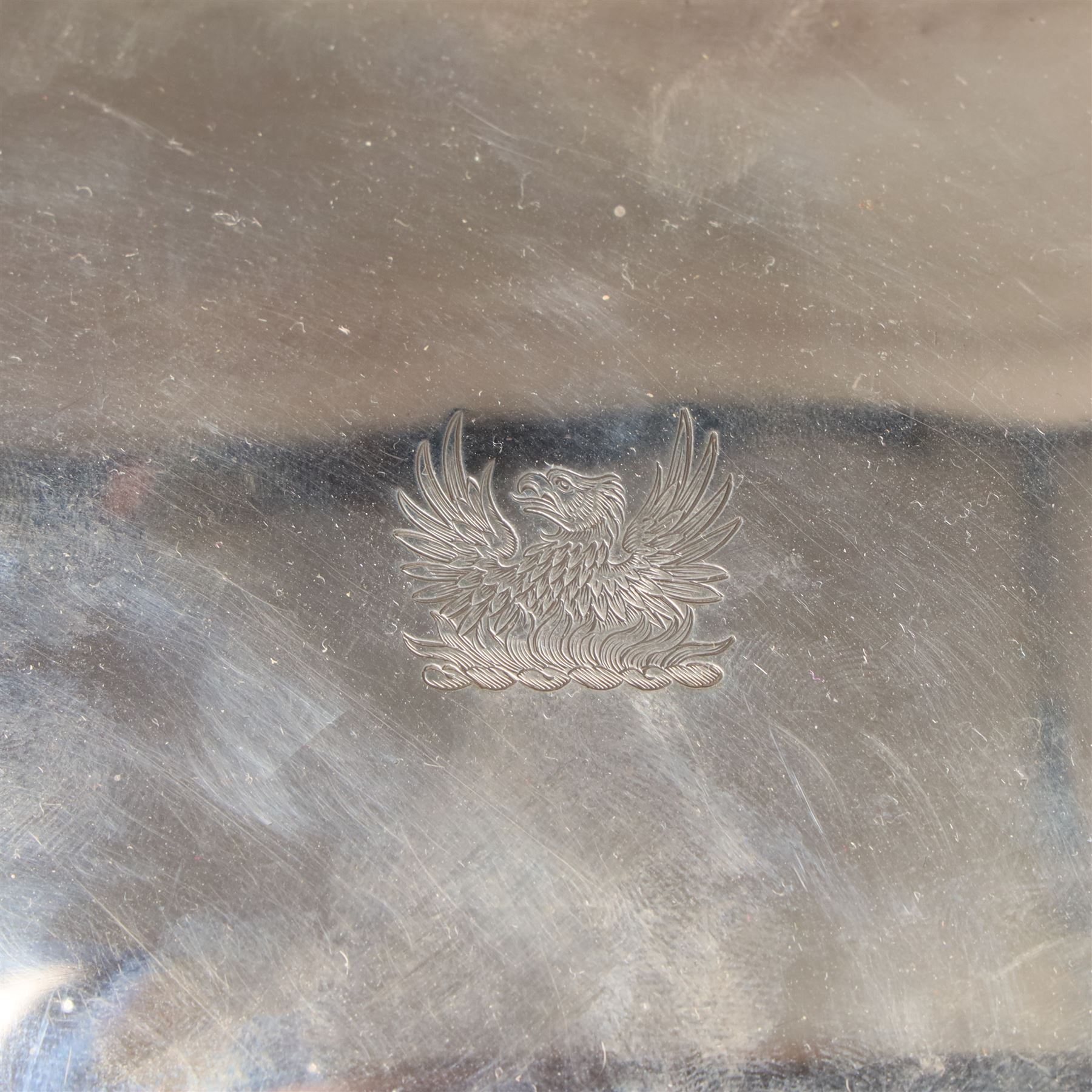 Silver cigarette box with presentation inscription, the hinged cover engraved with the crest of The Worshipful Company of Painter-Stainers W14cm London 1965 Maker Cohen & Charles and a silver napkin ring