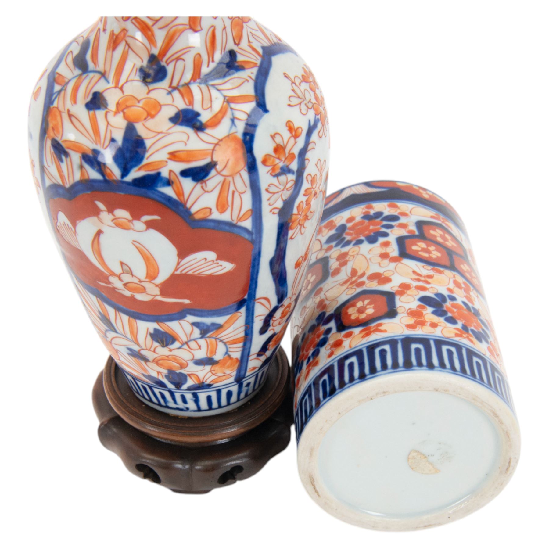 Chinese cylindrical crackle ware vase, decorated birds and peonies, together with imari brush pot, and vase, cylindrical vase H26cm