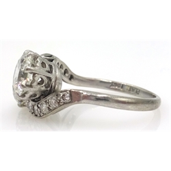  White gold two stone diamond cross-over ring with diamond shoulders, main diamonds approx 1.25 carat each, stamped PLAT 18CT  
