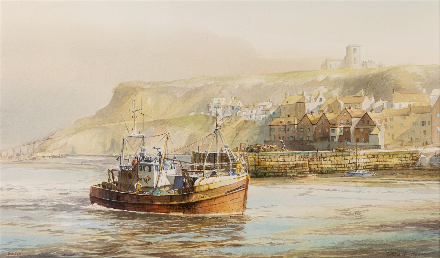 David C Bell (British 1950-): ‘Local Fisherman Arriving Whitby’, watercolour signed, titled and dated 1988 verso 25cm x 43cm