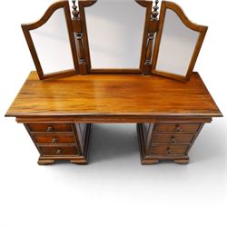 Willis & Gambier - cherrywood dressing table with mirror and stool, three-part mirror on turned uprights with finials, rectangular top above three cushion-moulded frieze drawers, twin pedestals each fitted with three graduated drawers, panelled sides and stepped plinth bases, stool with turned supports and padded seat