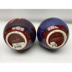 Four pieces of Poole Pottery in Graffiti pattern, comprising pair of vases of baluster form, dish and small plate, with impressed or printed marks beneath, vase H17cm