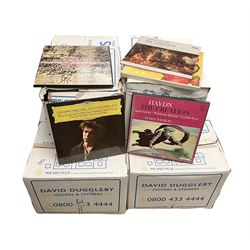  Collection of vinyl LP records in six boxes, mainly Jazz and Classical, including Beethoven The Nine Symphonies, Bartok, Chopin Recital, Joseph Haydn, etc