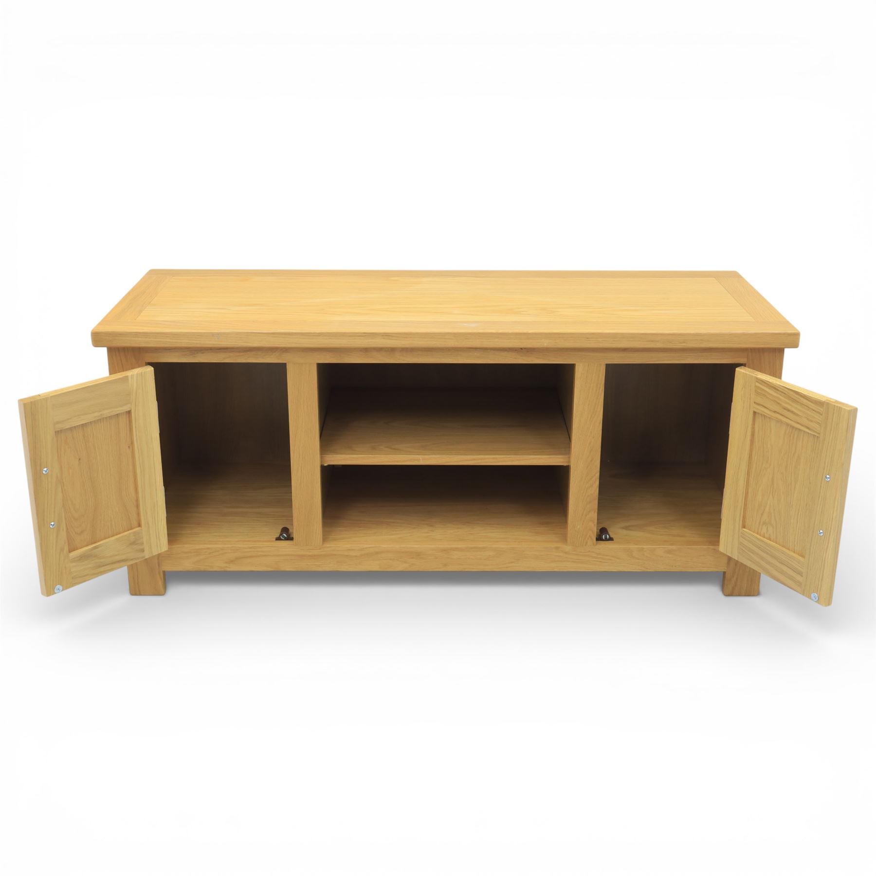Contemporary oak television media cabinet, rectangular top fitted with two cupboards and central open shelf