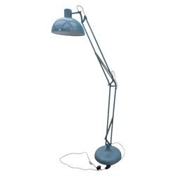 Contemporary pale blue floor lamp, in the manner of Anglepoise, counter balance sprung arm, light grey cord with a weighted base 