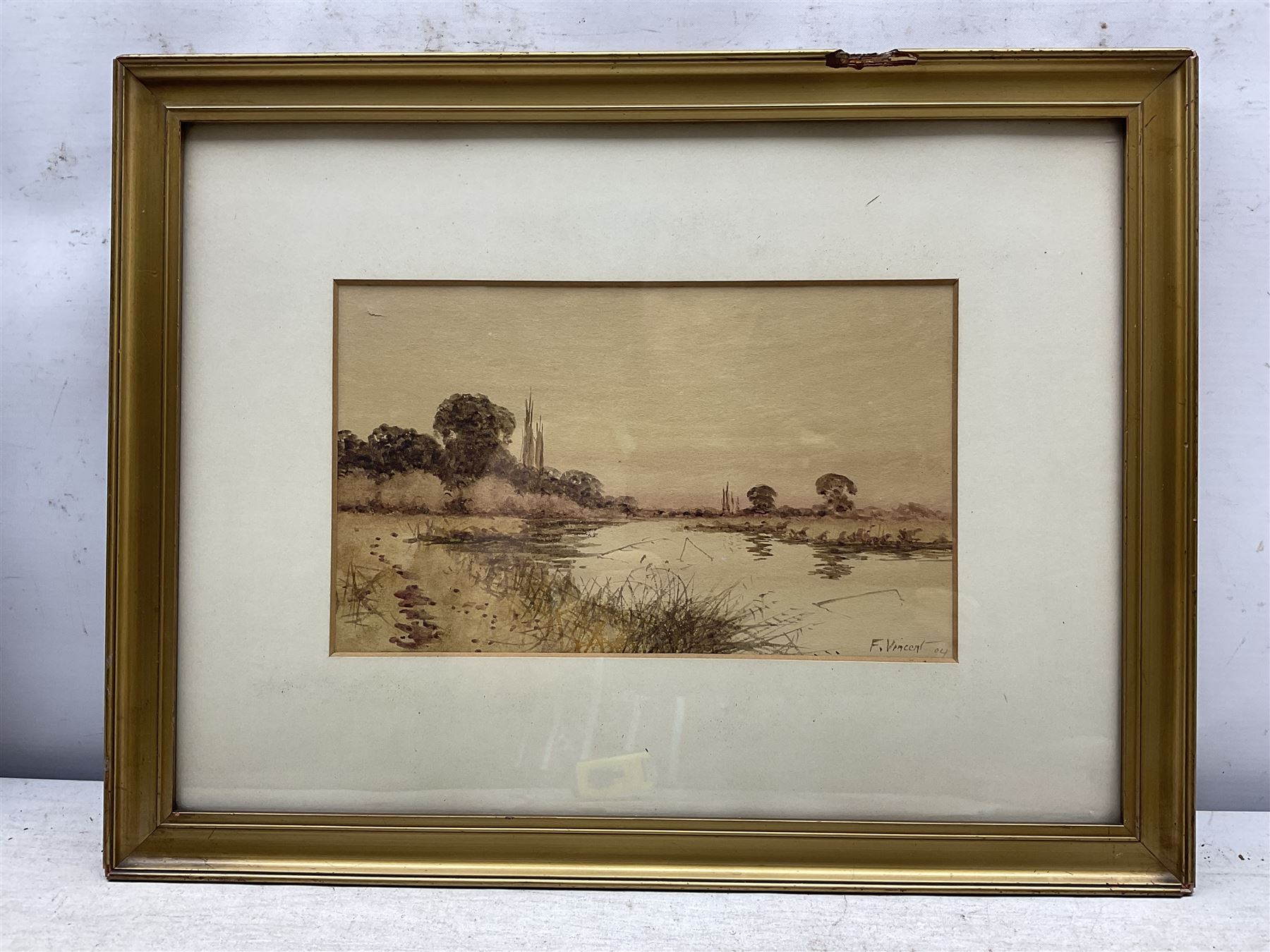 Sophia Sinclair RSA (British fl.1881-1889): The Walk Home, watercolour signed 17cm x 53cm; F Vincent: River Landscape, watercolour signed and dated '04, 15cm x 25cm; J Swift: Cottage, charcoal and chalk signed and dated 1935, 28cm x 19cm  (3)