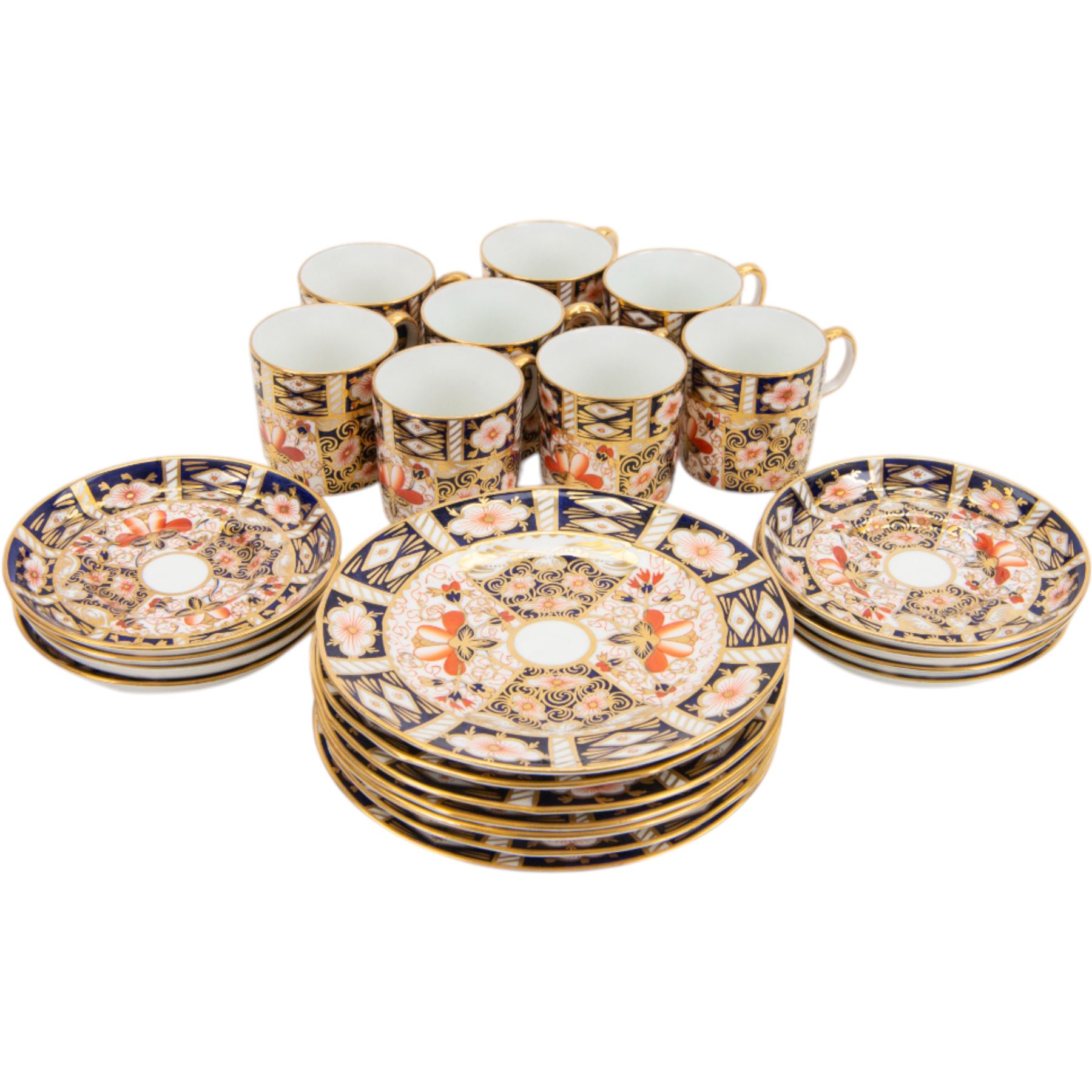 Royal Crown Derby Imari 2451 pattern, part tea service comprising eight coffee cans and saucers and seven cake plates 