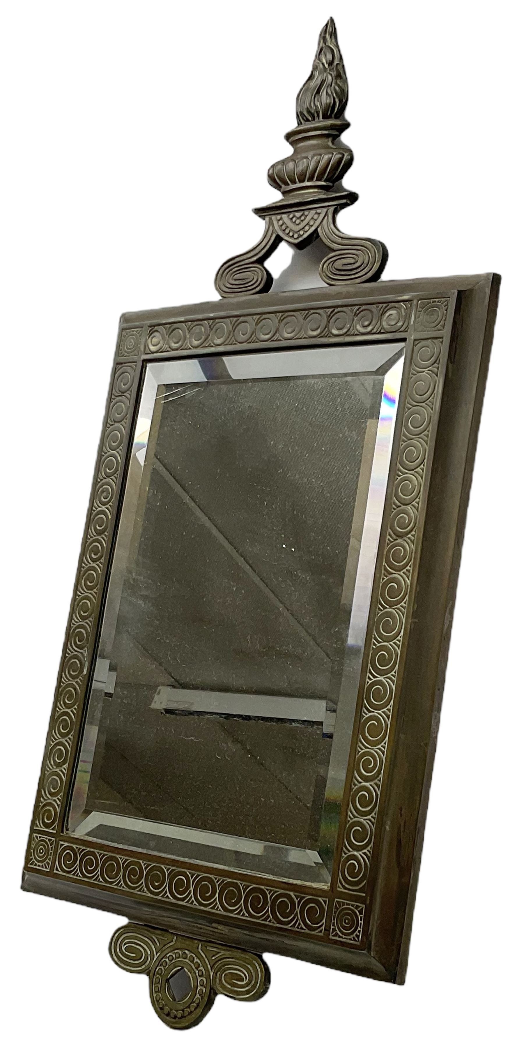 Victorian mirror, the rectangular bevelled glass plate within a bronze frame surmounted by a flaming urn representing undying memory, with Victorian registration lozenge verso, H65cm L29.5cm