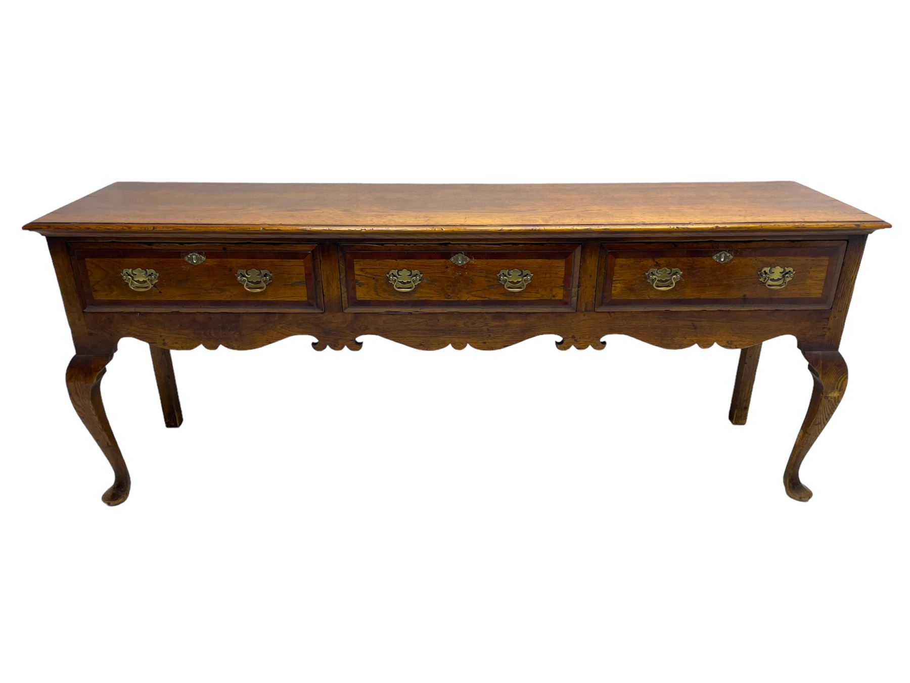 Georgian design oak dresser base, moulded rectangular top over three drawers with moulded fronts and mahogany bandings, shaped apron on cabriole front supports