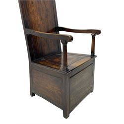 18th century elm box-seat lambing chair, dished cresting rail over panelled back, panelled hinged lid flanked by two turned arm supports
