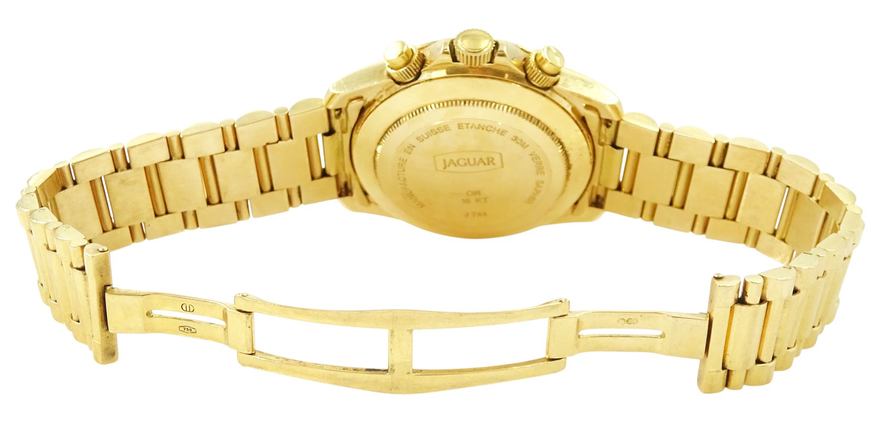 Jaguar gentleman's 18ct gold automatic chronograph wristwatch, white dial with mother of pearl subsidiary seconds dials, day-date aperture and baton hour markers, on 18ct gold bracelet, Swiss hallmarks